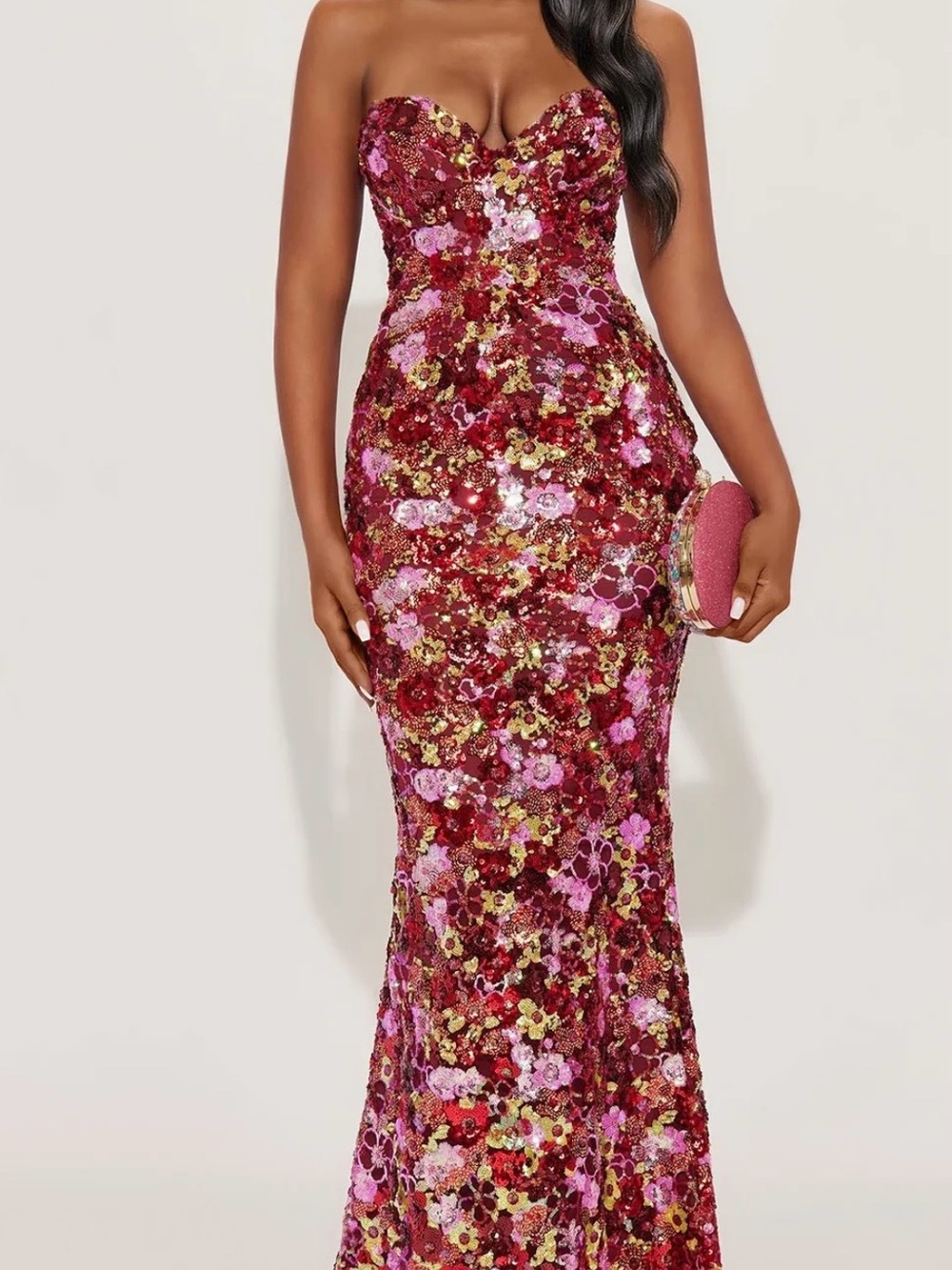 Fashion Nova Strapless Sequin Floral Mermaid Dress in Burgundy and Pink